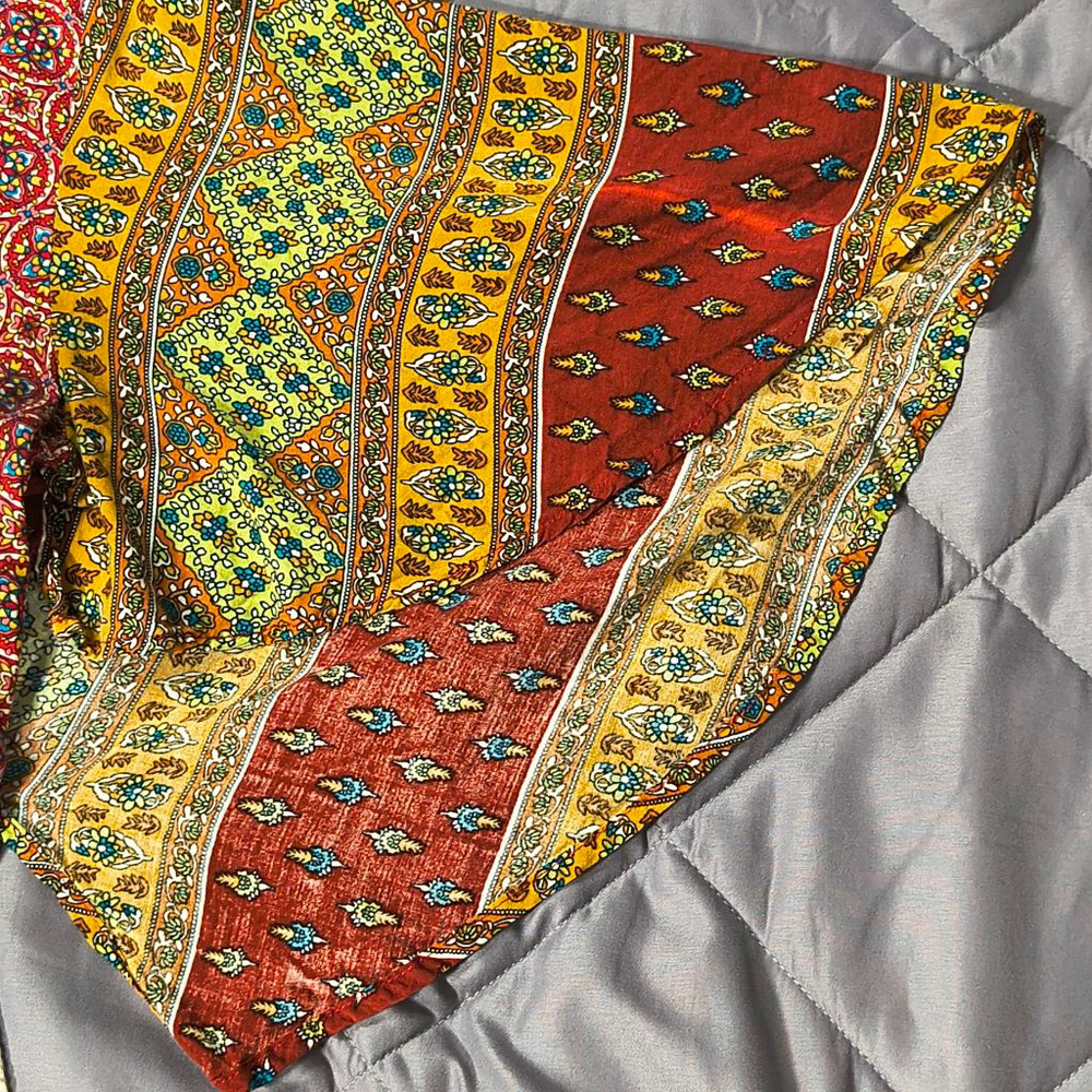 (S) Women's Umgee Red Yellow and Green Mixed Media Patterned Hi-lo Boho Dress - Picture 6 of 7